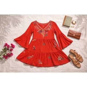 Caite Embroidered Boho Dress Large | Orange Cotton Bell Sleeve Tiered